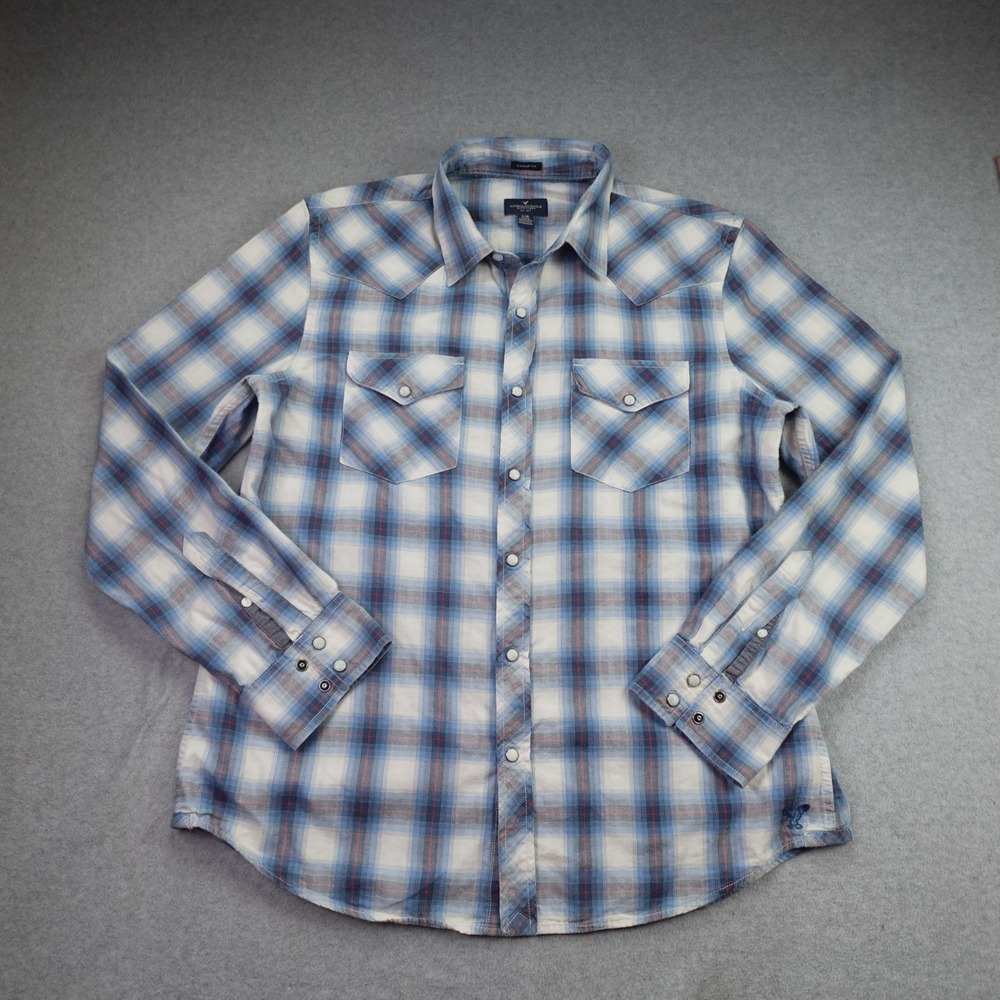 American Eagle Shirt Mens Large Blue Plaid Western Vintage Fit Snap Button